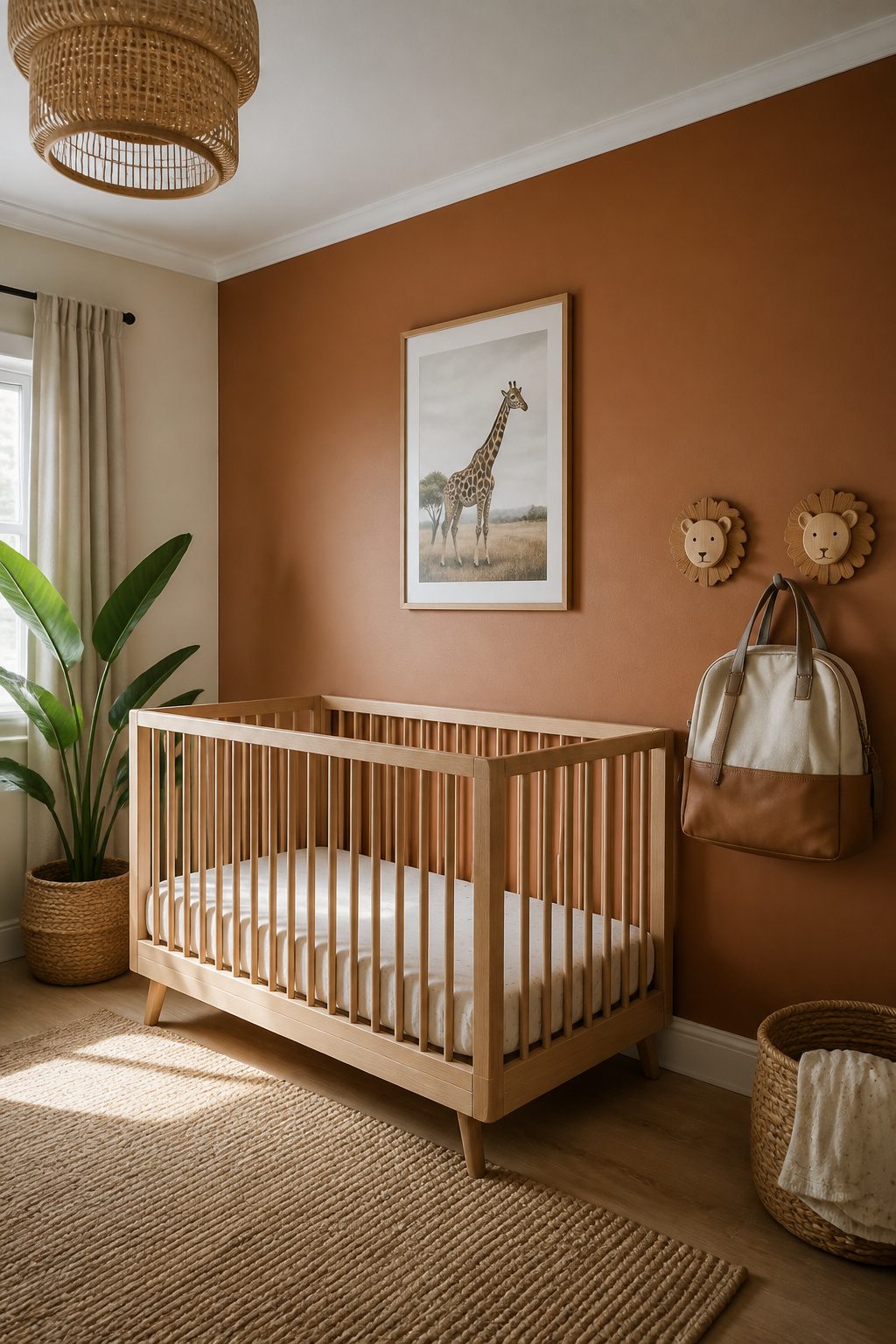 A soft cream nursery with a terracotta wall and animal-themed decor.