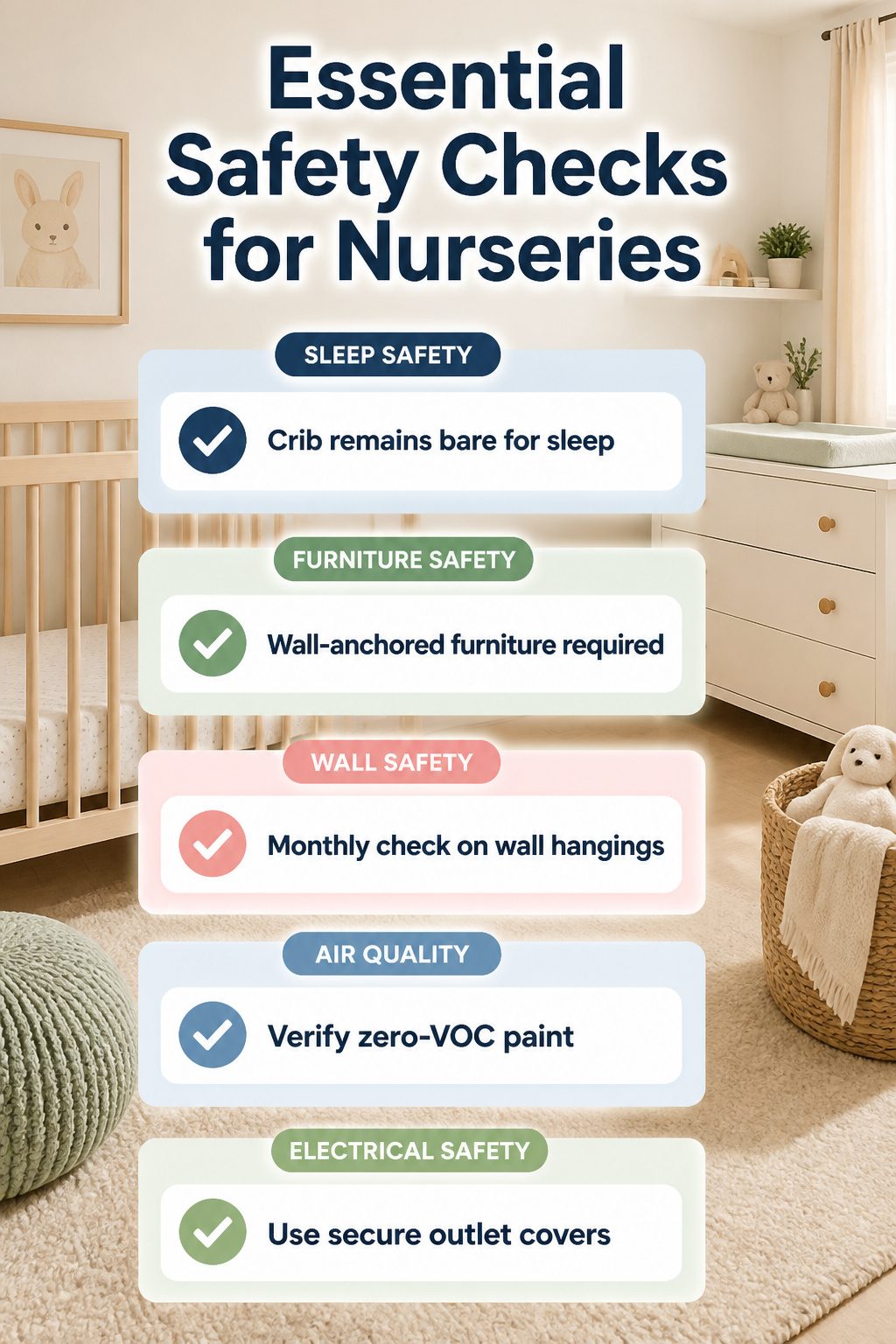 An infographic outlining safety checks for nursery setups.