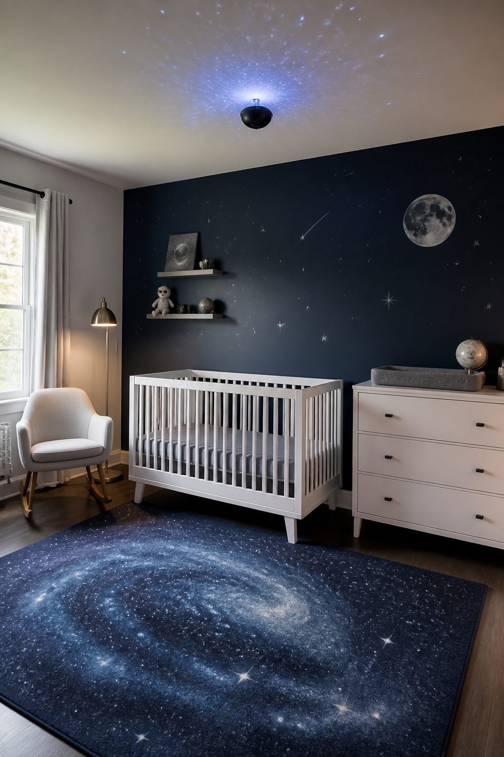A nursery featuring a navy wall and space-themed elements.