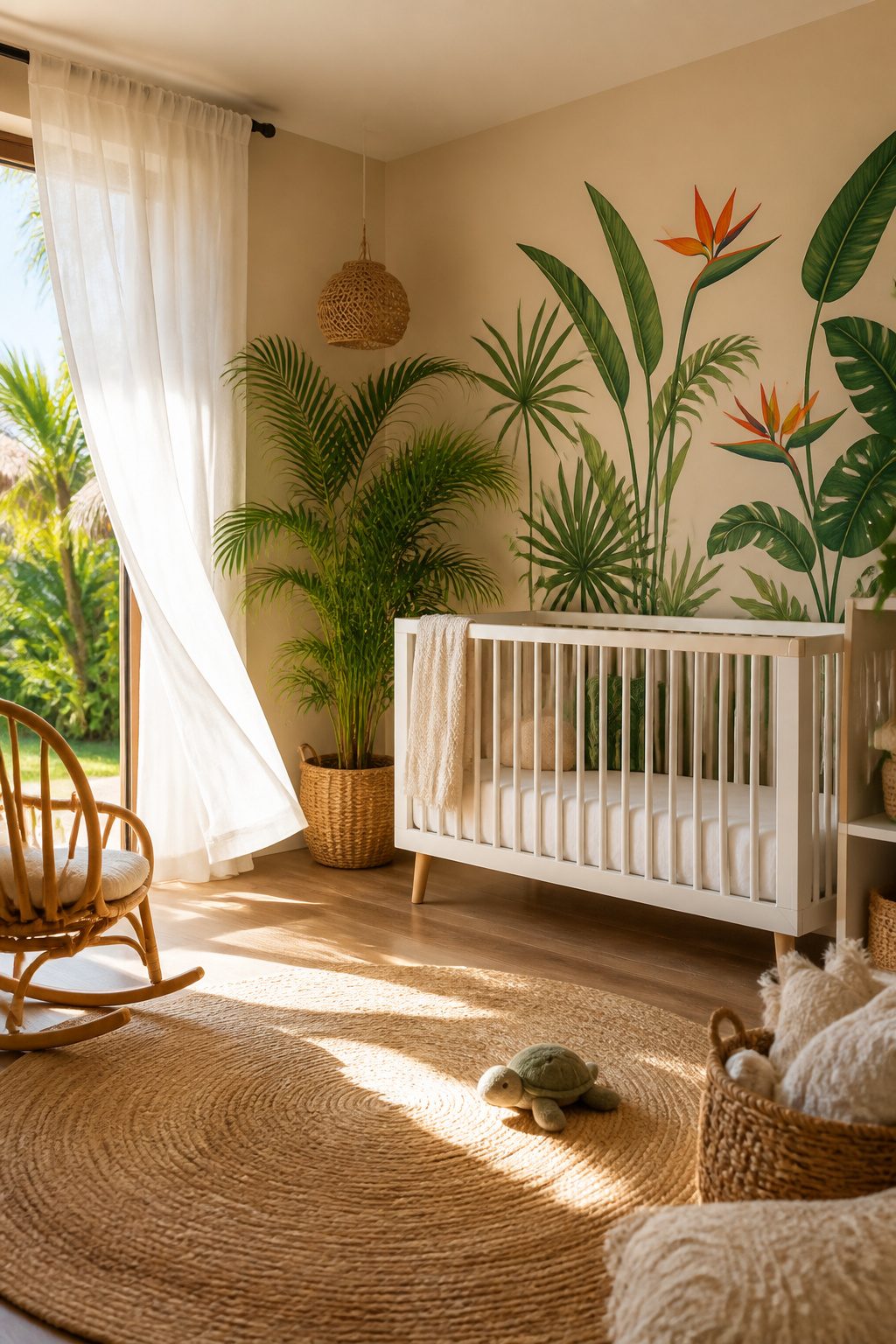 A nursery featuring a soft sand wall and tropical decor.