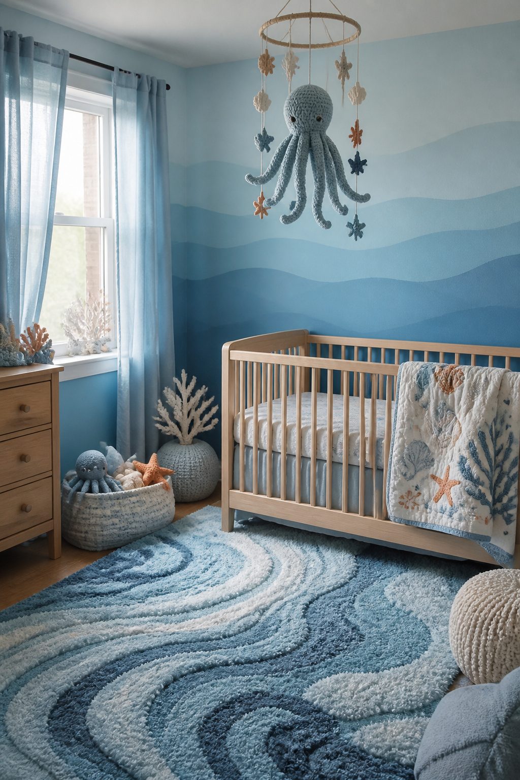 A nursery with soft blues and sea-themed decor.