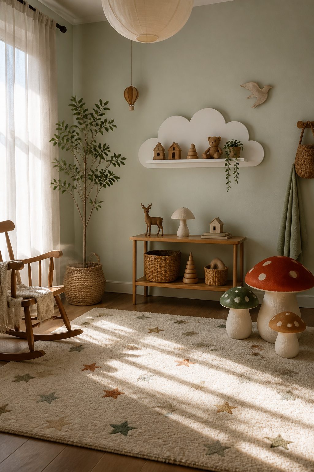 A nursery with a cloud shelf and oversized mushroom decor.