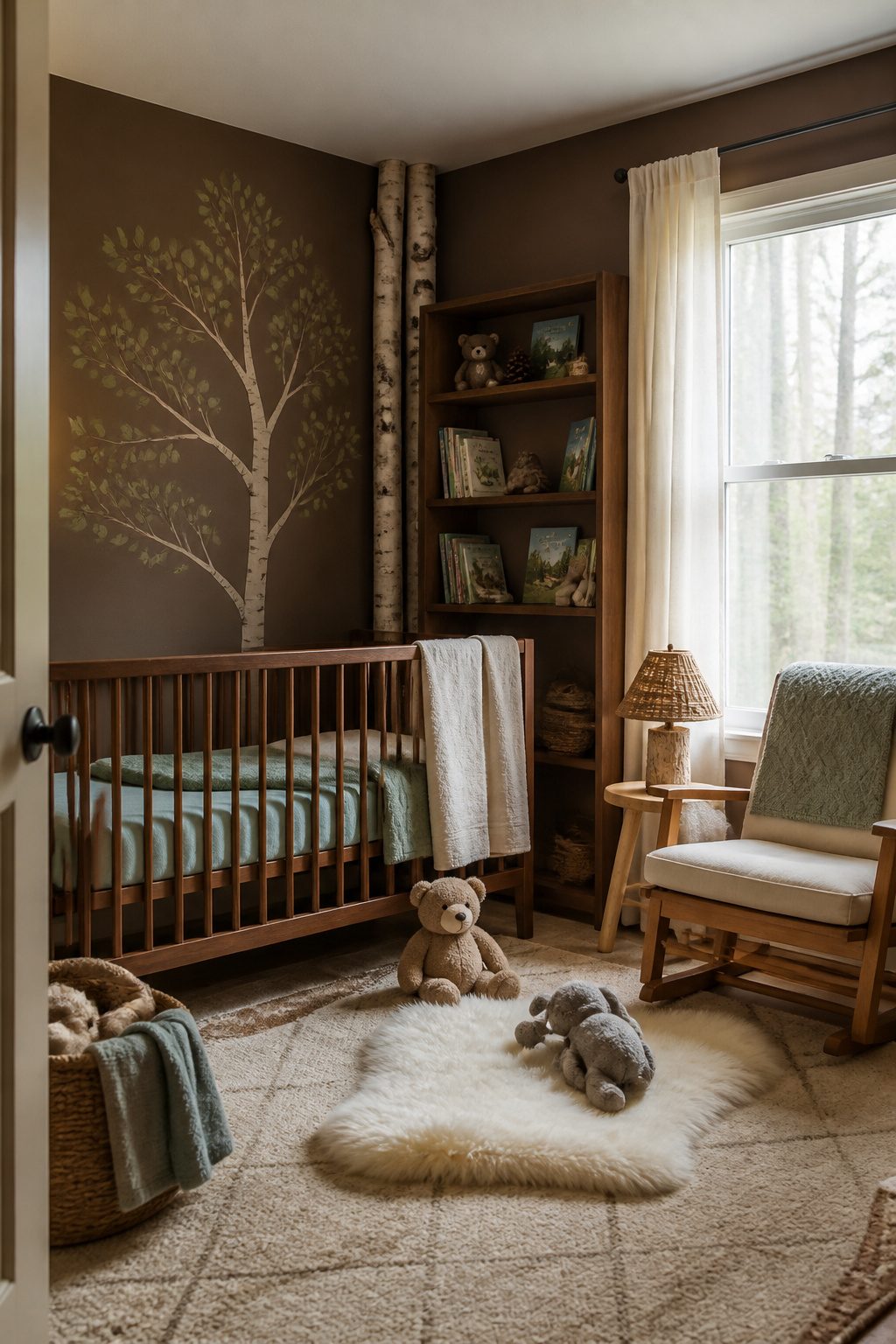 A cozy nursery showcasing earthy tones and birch bark accents.