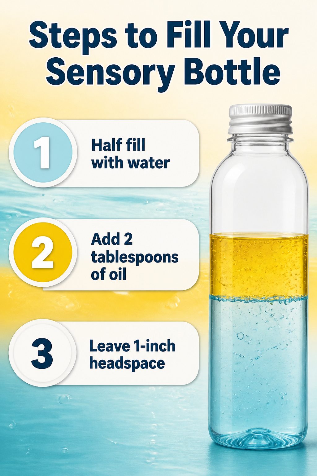 Oil and Water Sensory Bottle: A Complete DIY Guide for 2026 3 An image depicting the process of filling a sensory bottle with liquids.
