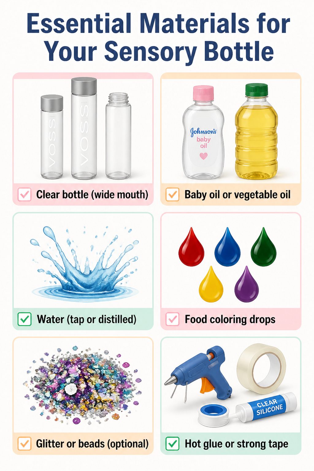 Oil and Water Sensory Bottle: A Complete DIY Guide for 2026 2 A list of materials needed to create an oil and water sensory bottle.