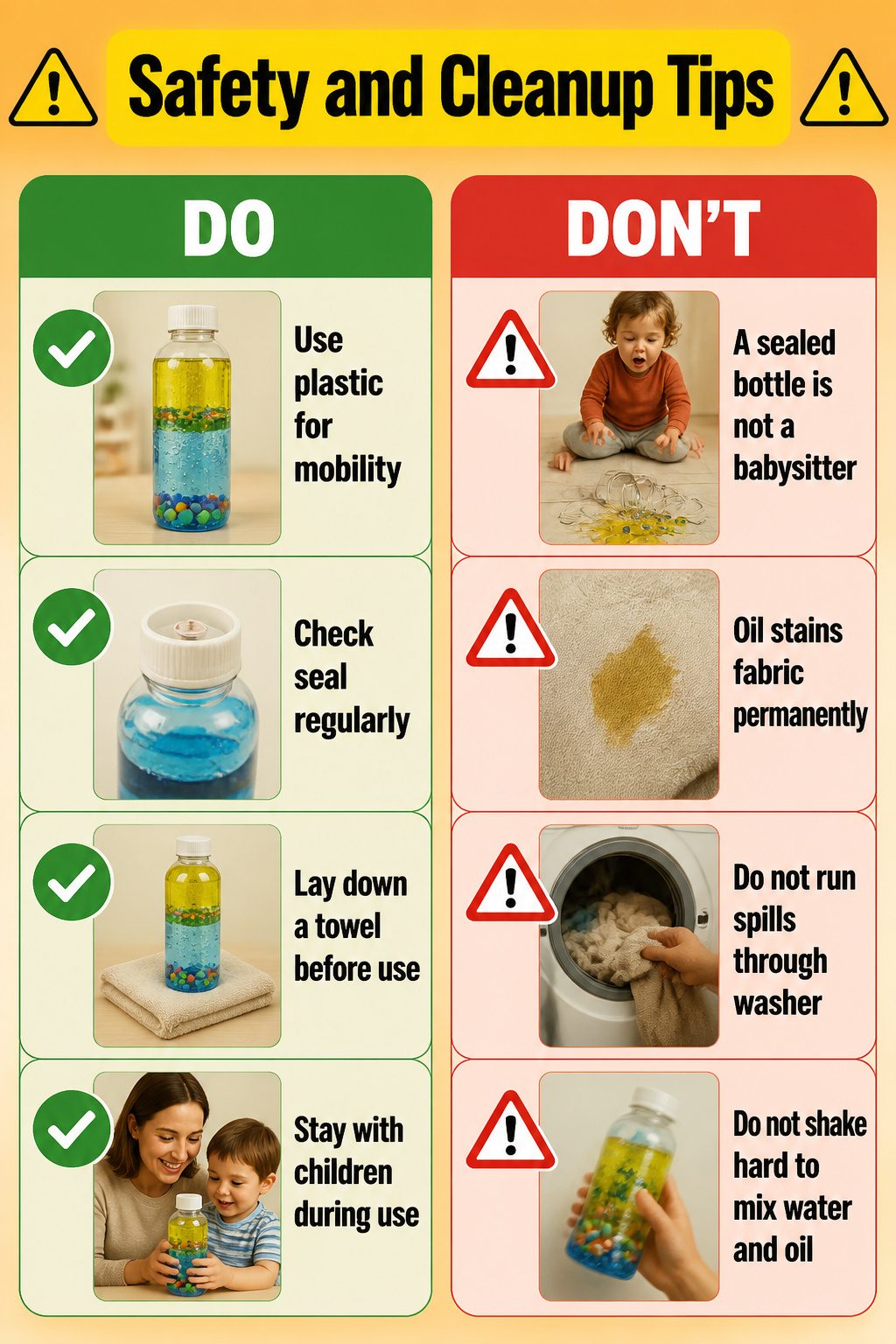 Oil and Water Sensory Bottle: A Complete DIY Guide for 2026 9 An image showing safety and cleanup tips for sensory bottle use.