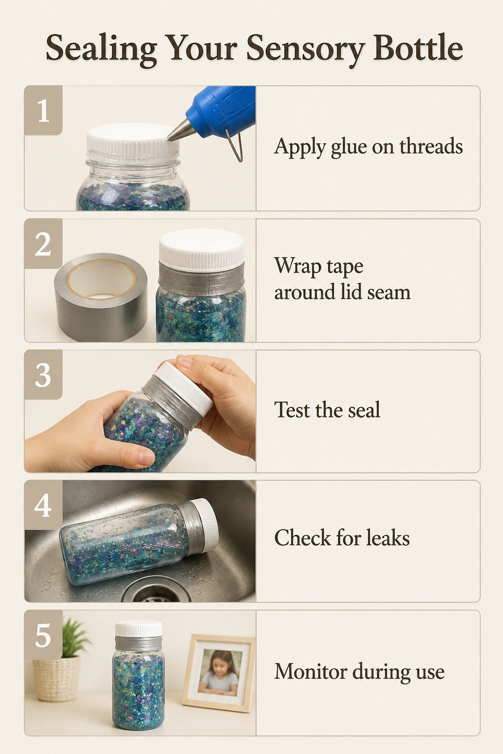 Oil and Water Sensory Bottle: A Complete DIY Guide for 2026 5 An image demonstrating how to seal a sensory bottle tightly.
