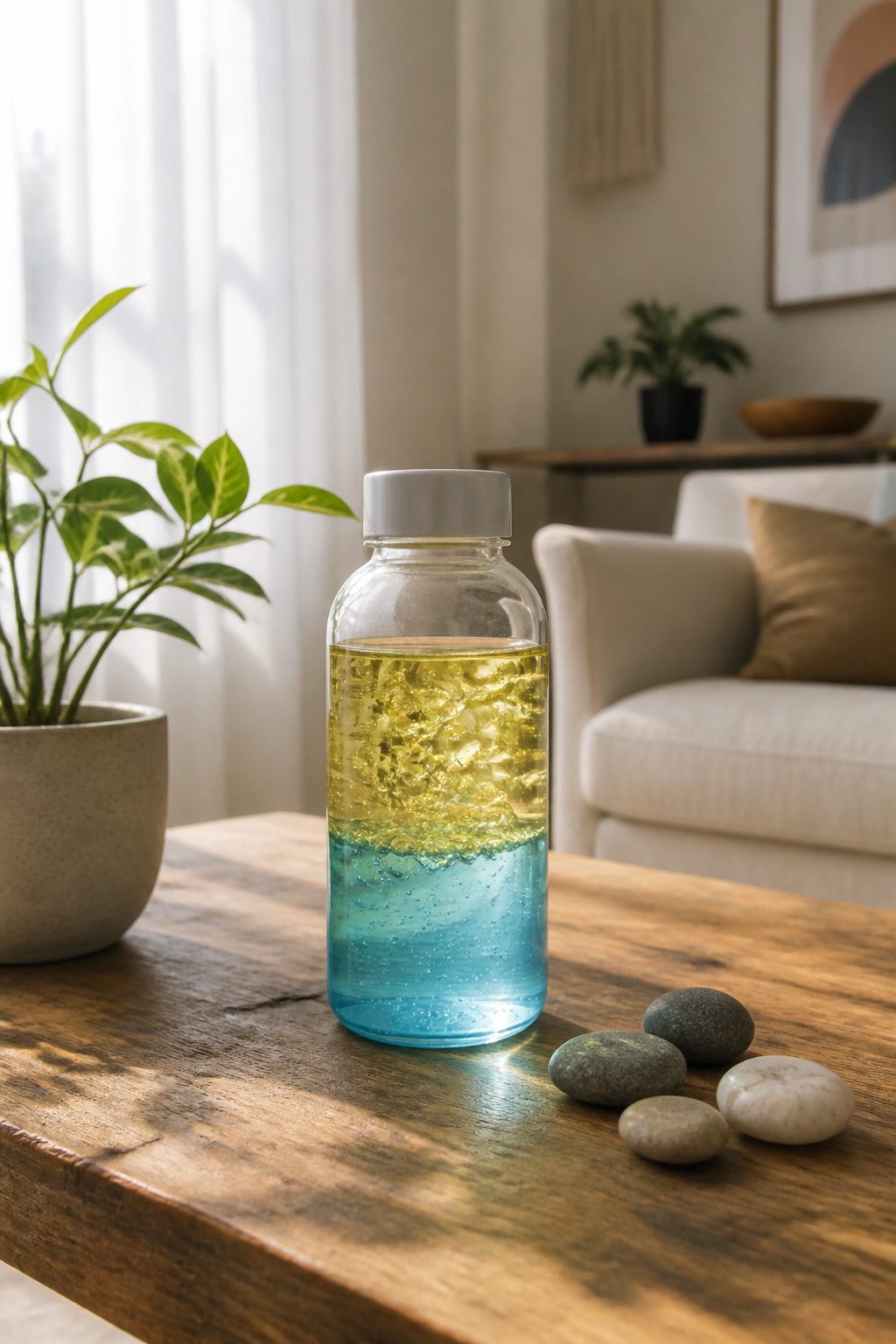 Oil and Water Sensory Bottle: A Complete DIY Guide for 2026 6 A serene living room with a sensory bottle displayed on a coffee table.
