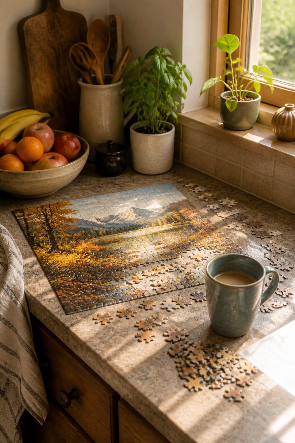 A puzzle on a countertop with fruits and a cup of coffee nearby.