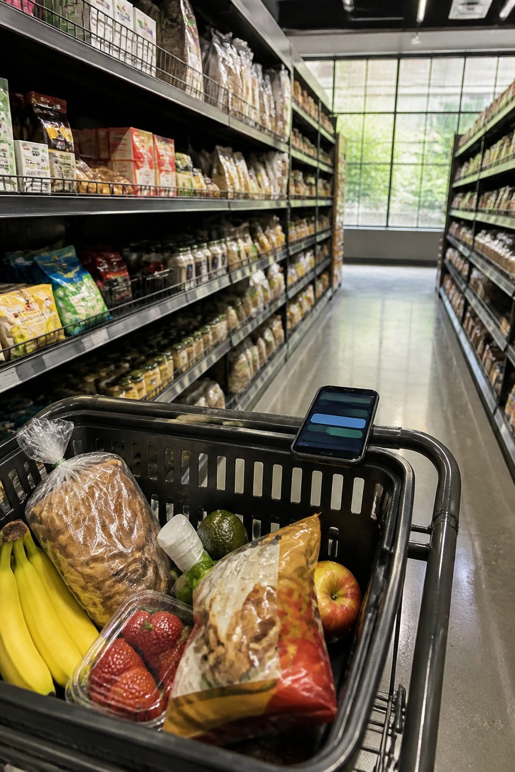 A shopping cart with a phone displaying supportive text messages.