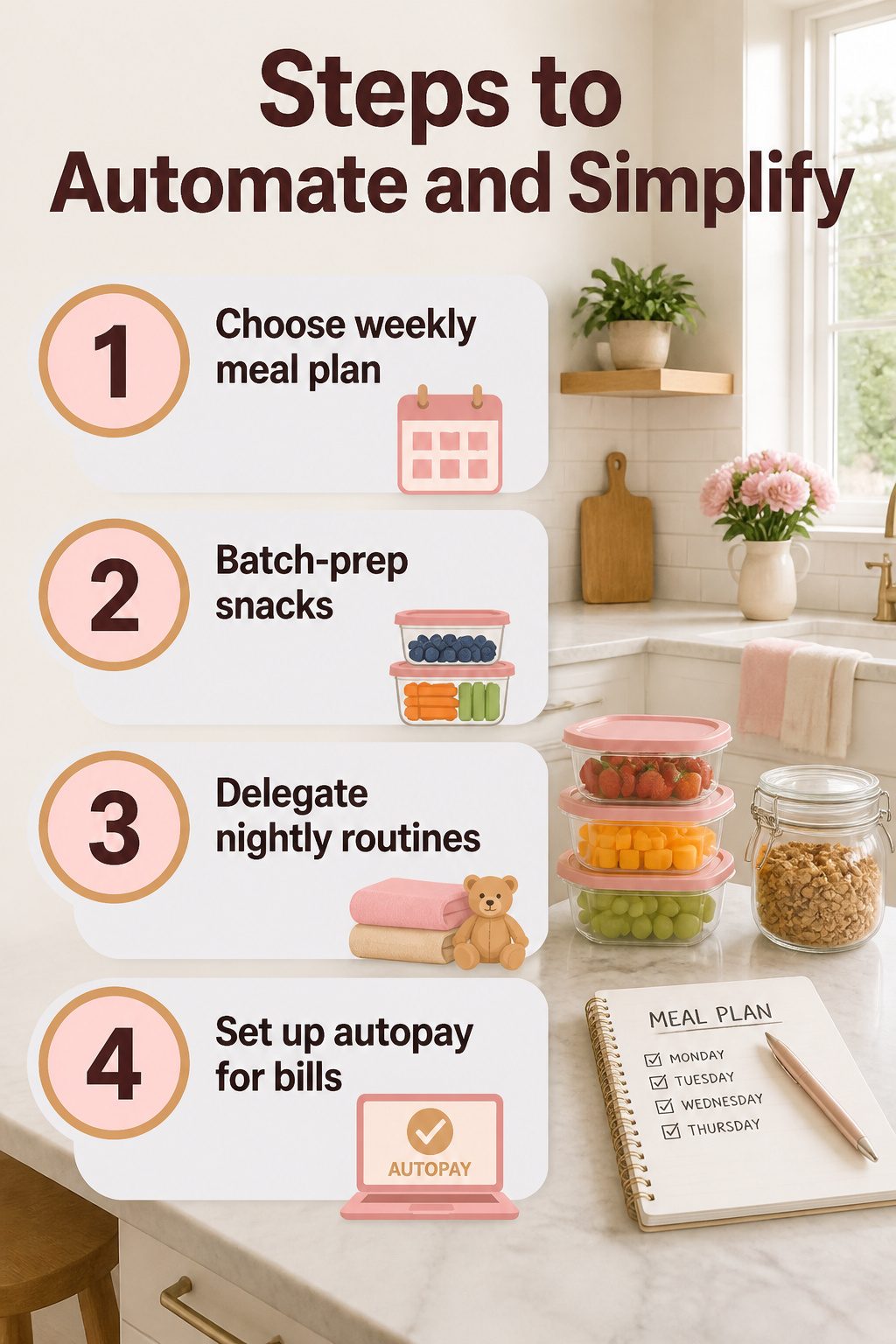A planning sheet titled 'Steps to Automate and Simplify' on a table.