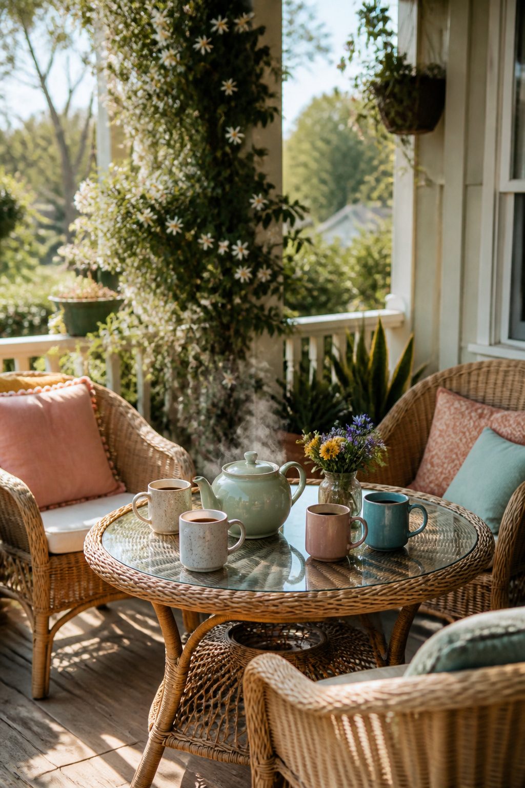 A porch with a table set for gathering and steaming herbal tea.