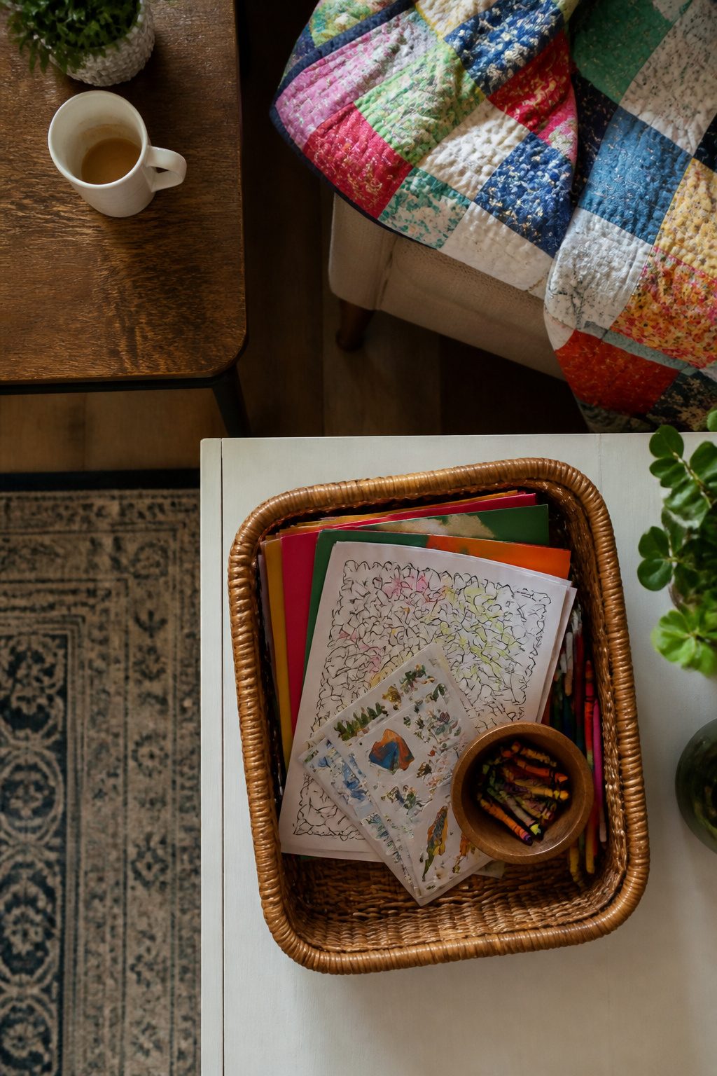 A basket containing coloring books and an old phone on a shelf.