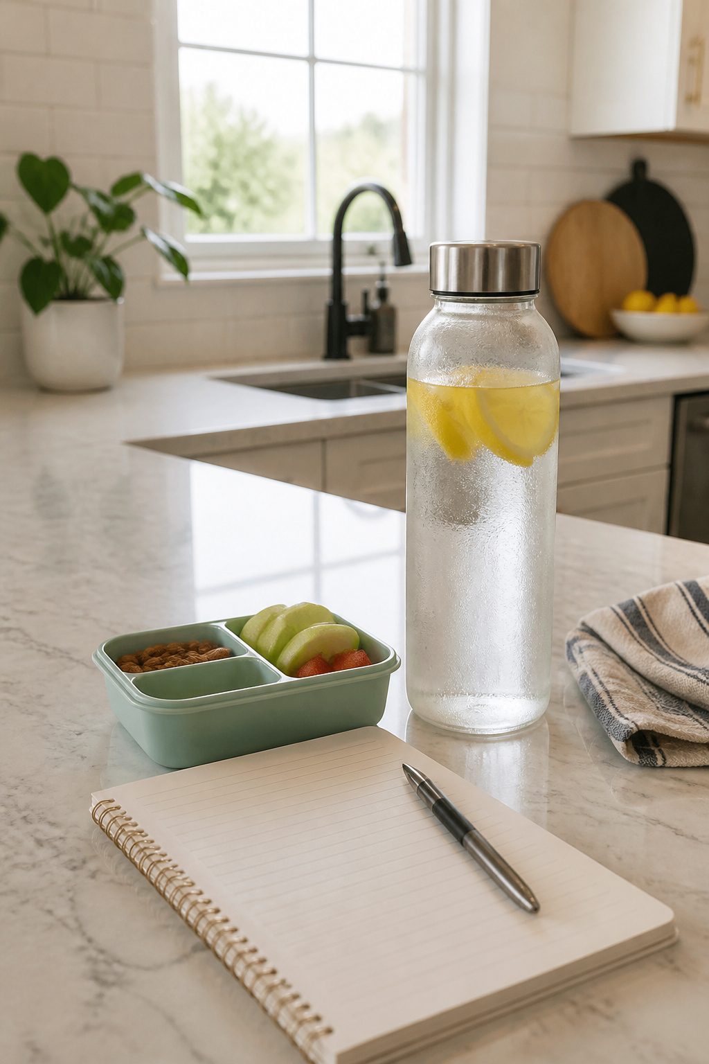 A clear water bottle filled with lemon slices on a kitchen counter.
