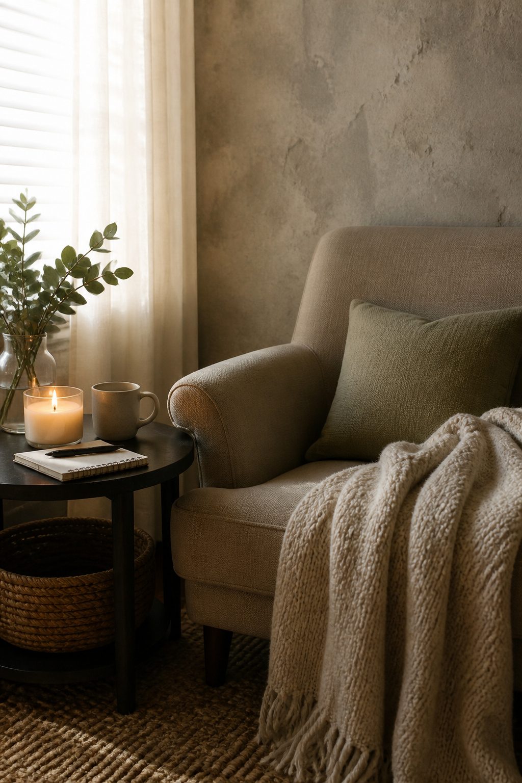 A chair with a candle and a book beside it in a cozy nook.
