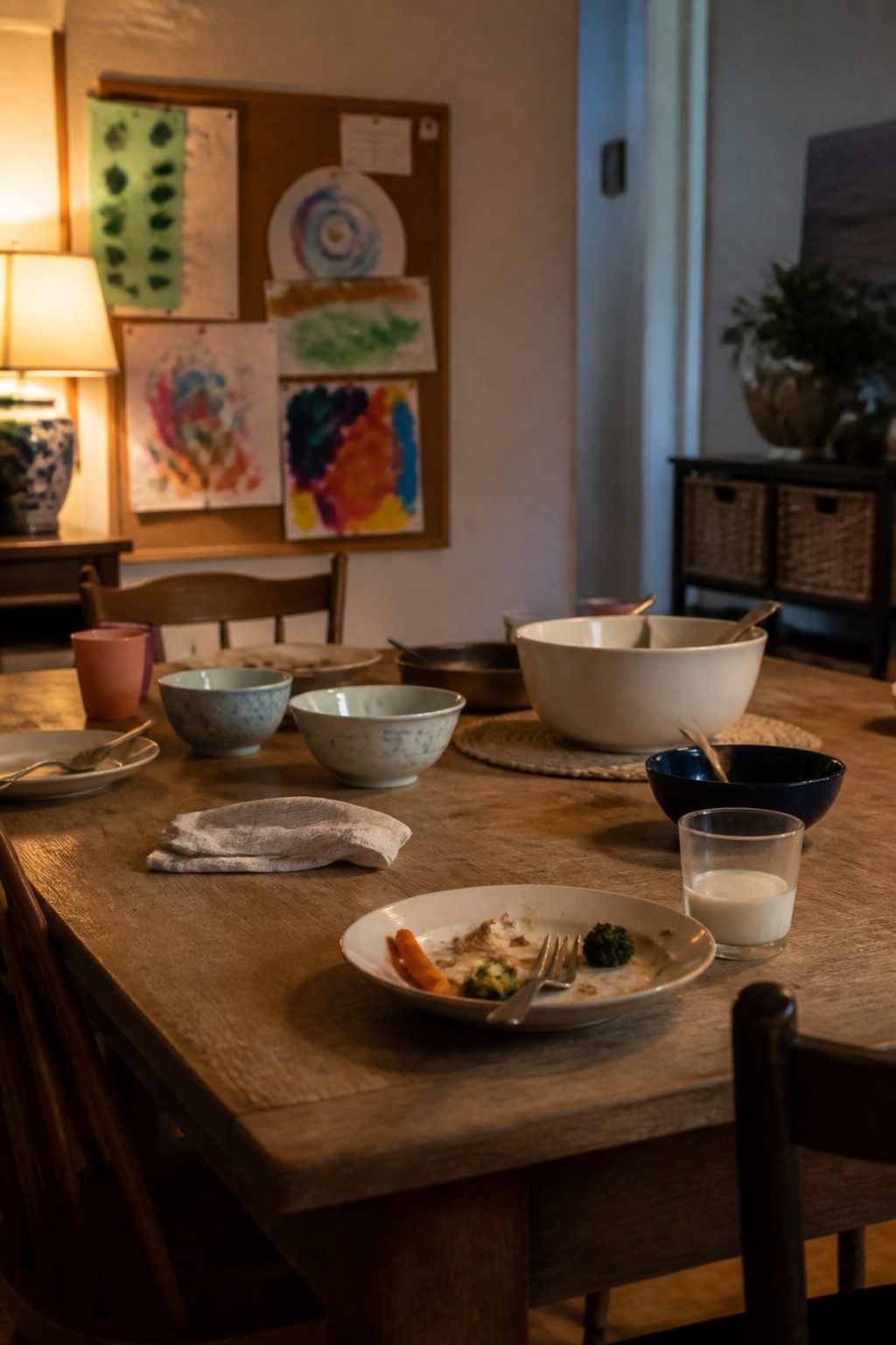 A table with mismatched plates and a child's drawing in the background.