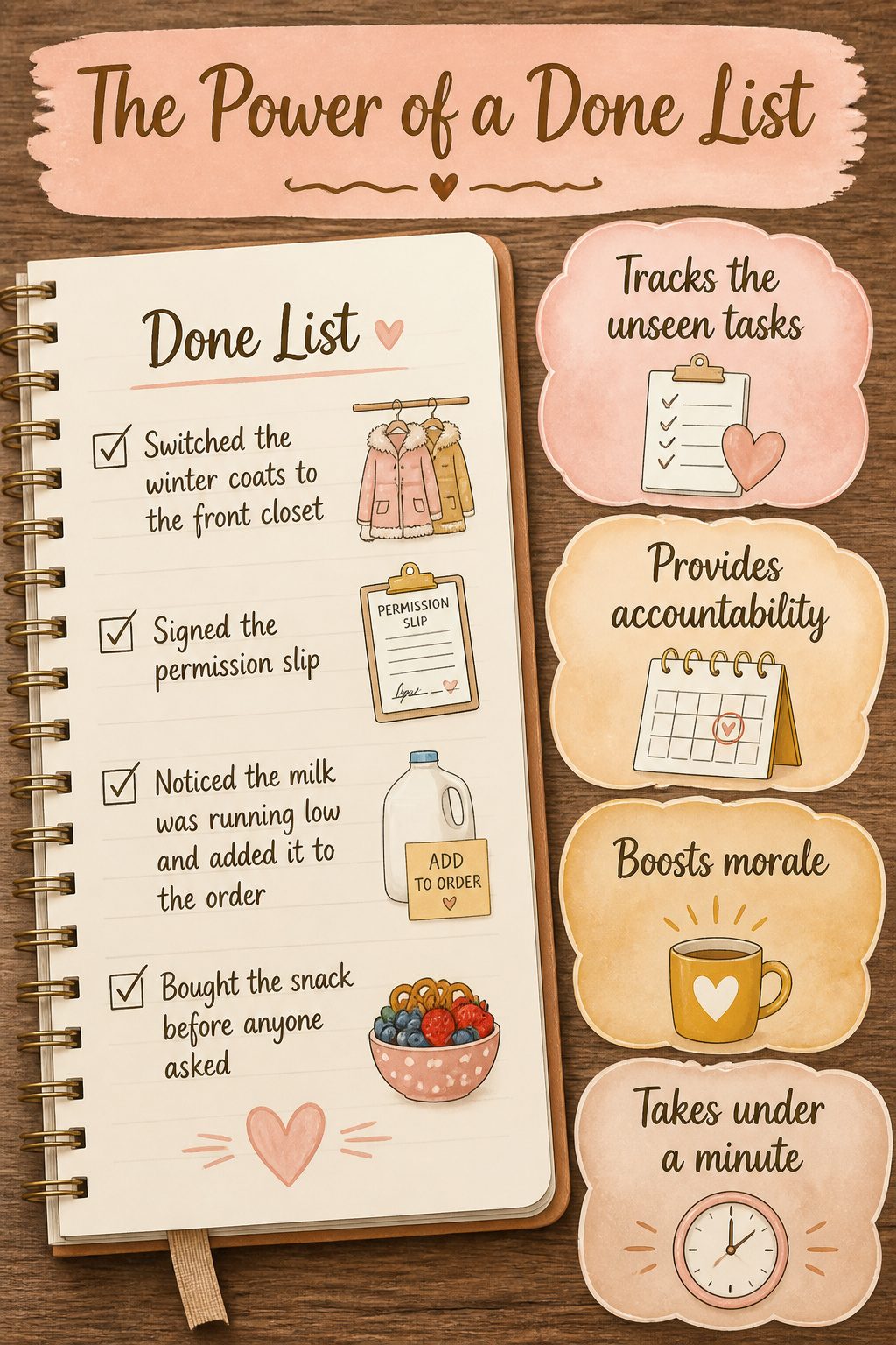 A list titled 'The Power of a Done List' on a table.