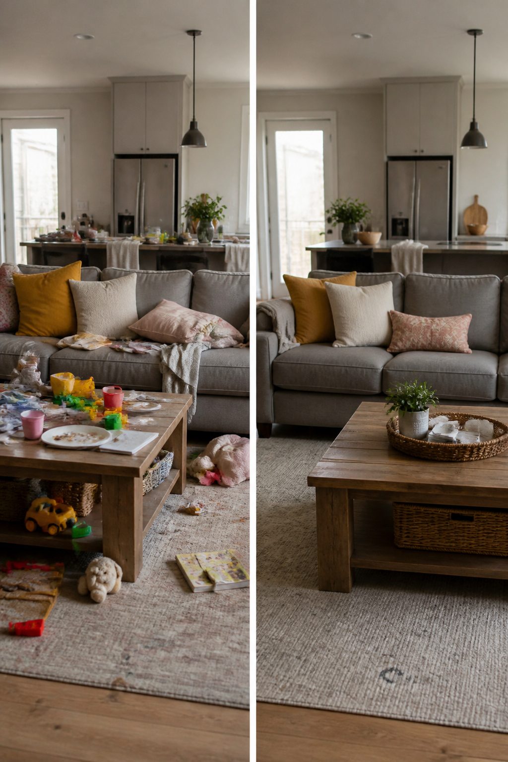 A clean kitchen table with scattered toys in the background.