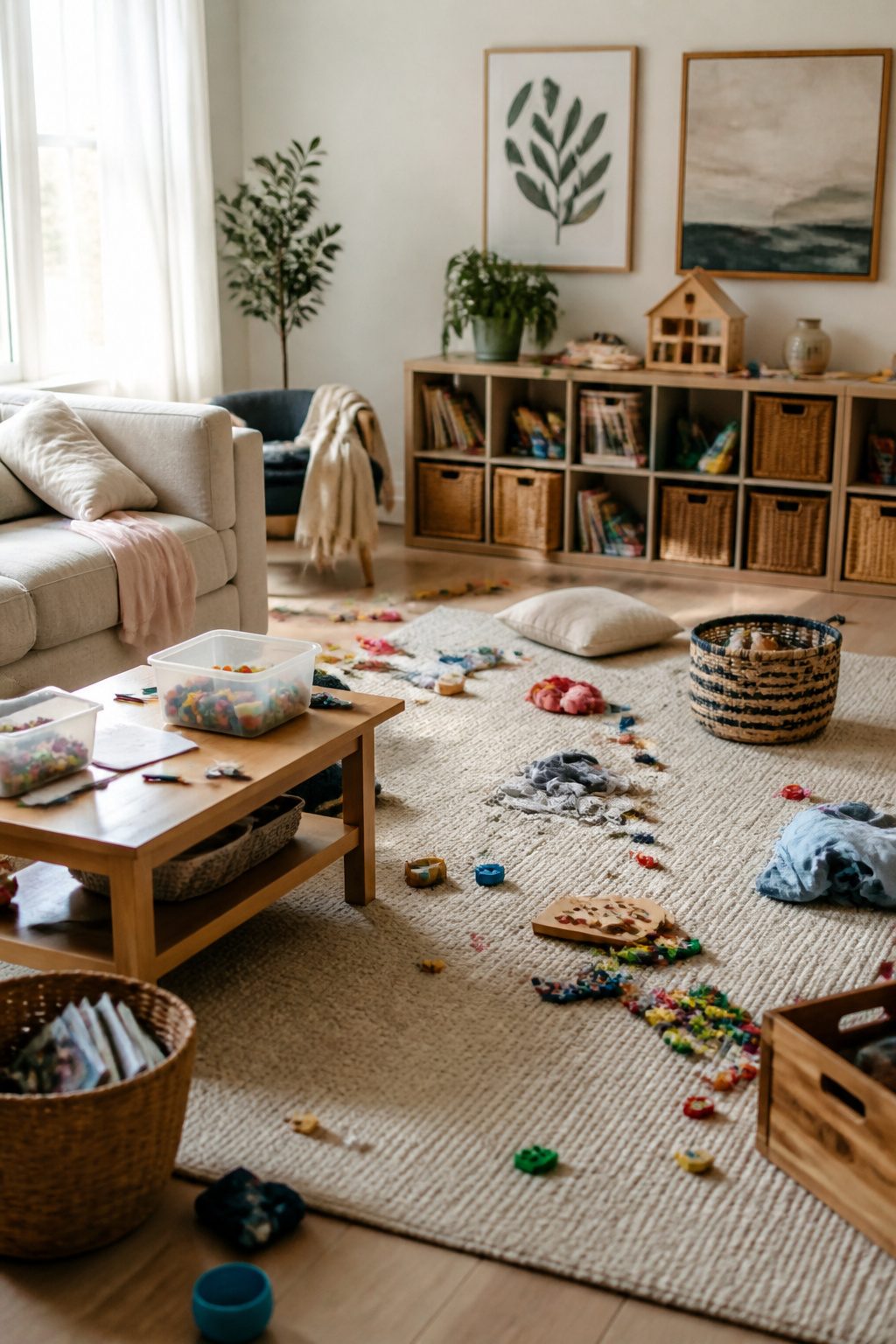 A living room filled with toys, books, and art supplies.
