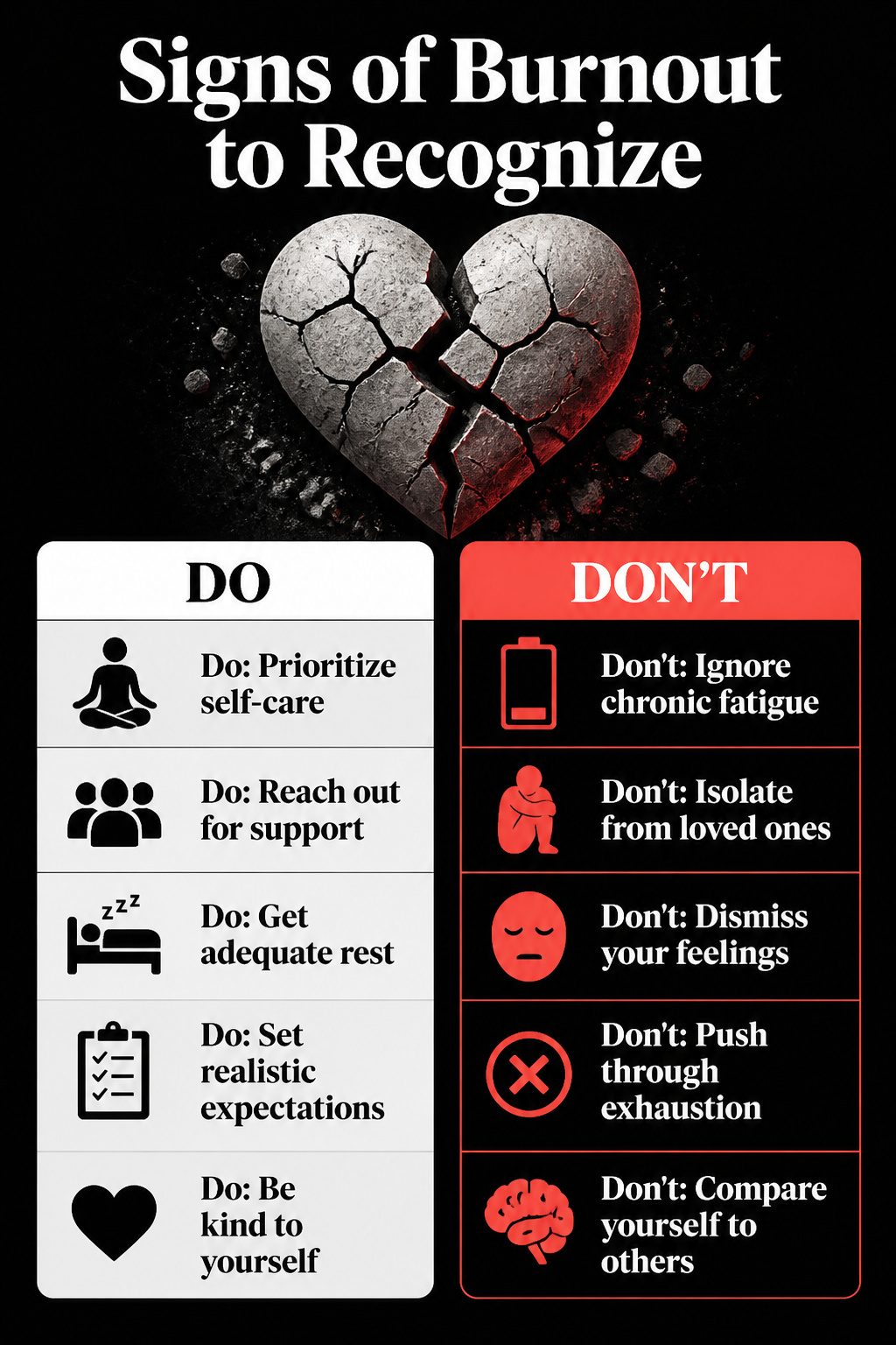 An information image titled 'Signs of Burnout to Recognize'.
