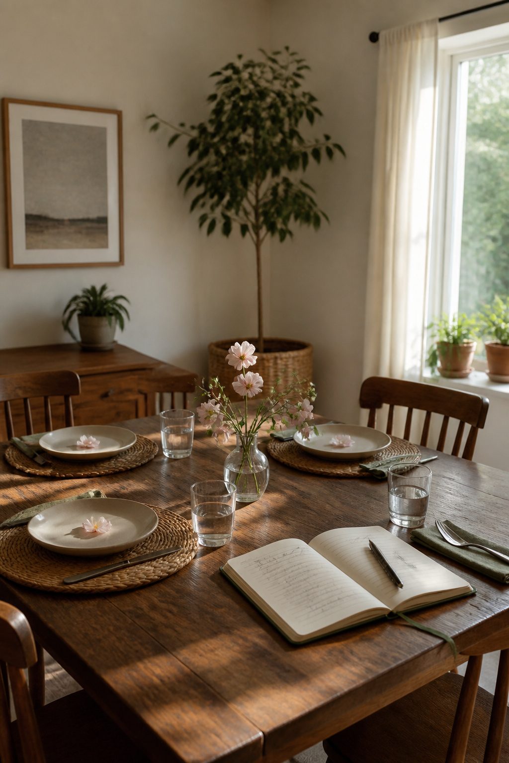 A dining table set simply with an open notebook and reminders.