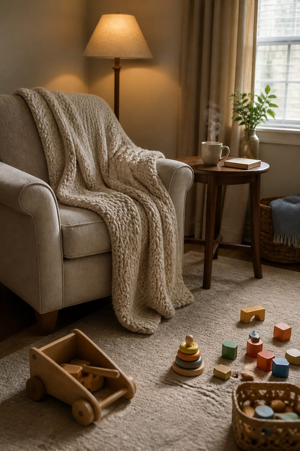 A chair with a blanket and a cup of herbal tea beside it.