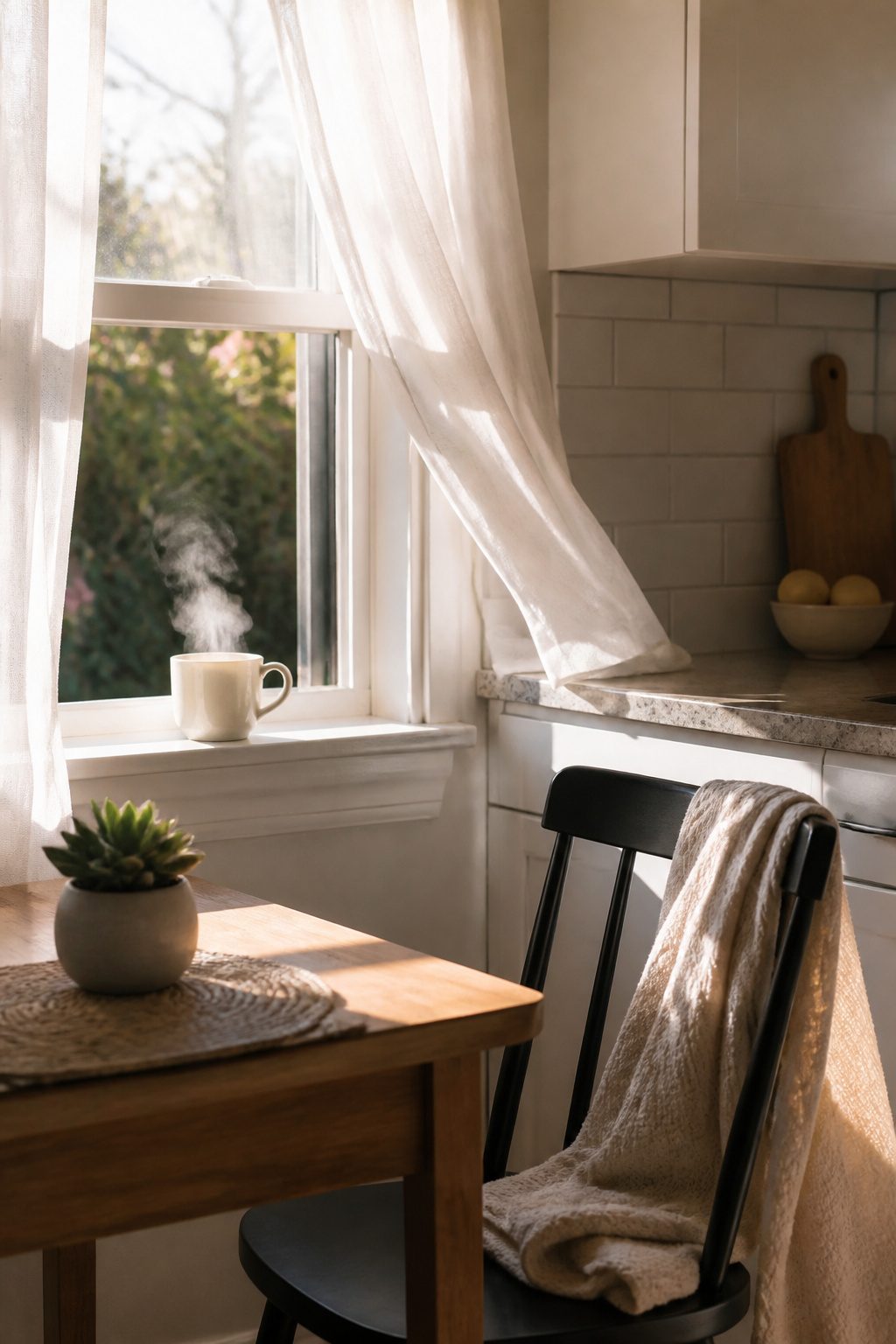 A cup of coffee on a windowsill with a succulent in a cozy kitchen.
