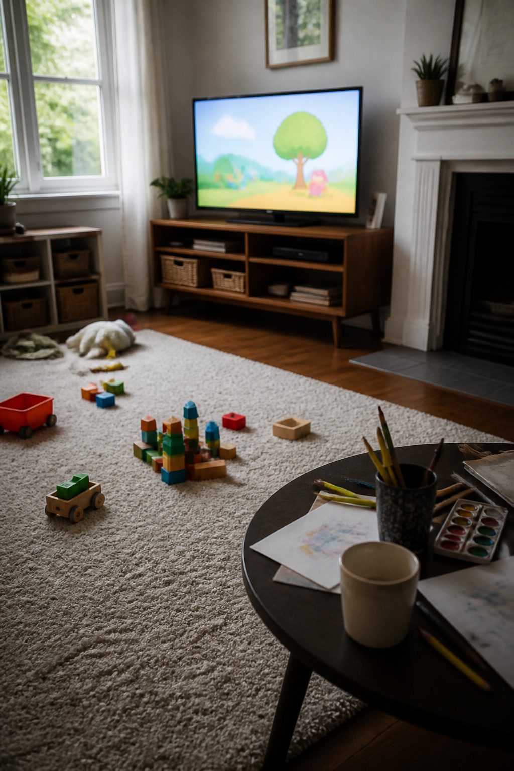 A muted TV displays a children's show with scattered toys on the floor.