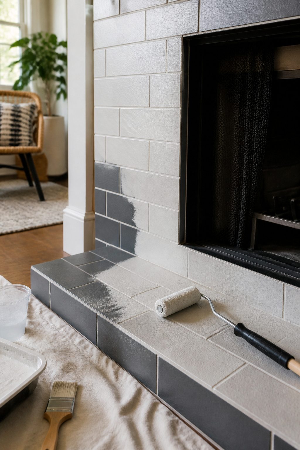 A foam roller applying primer to freshly prepared fireplace tiles.