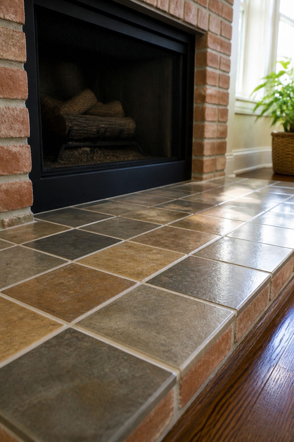 Close-up of clean fireplace tiles glistening under soft light.