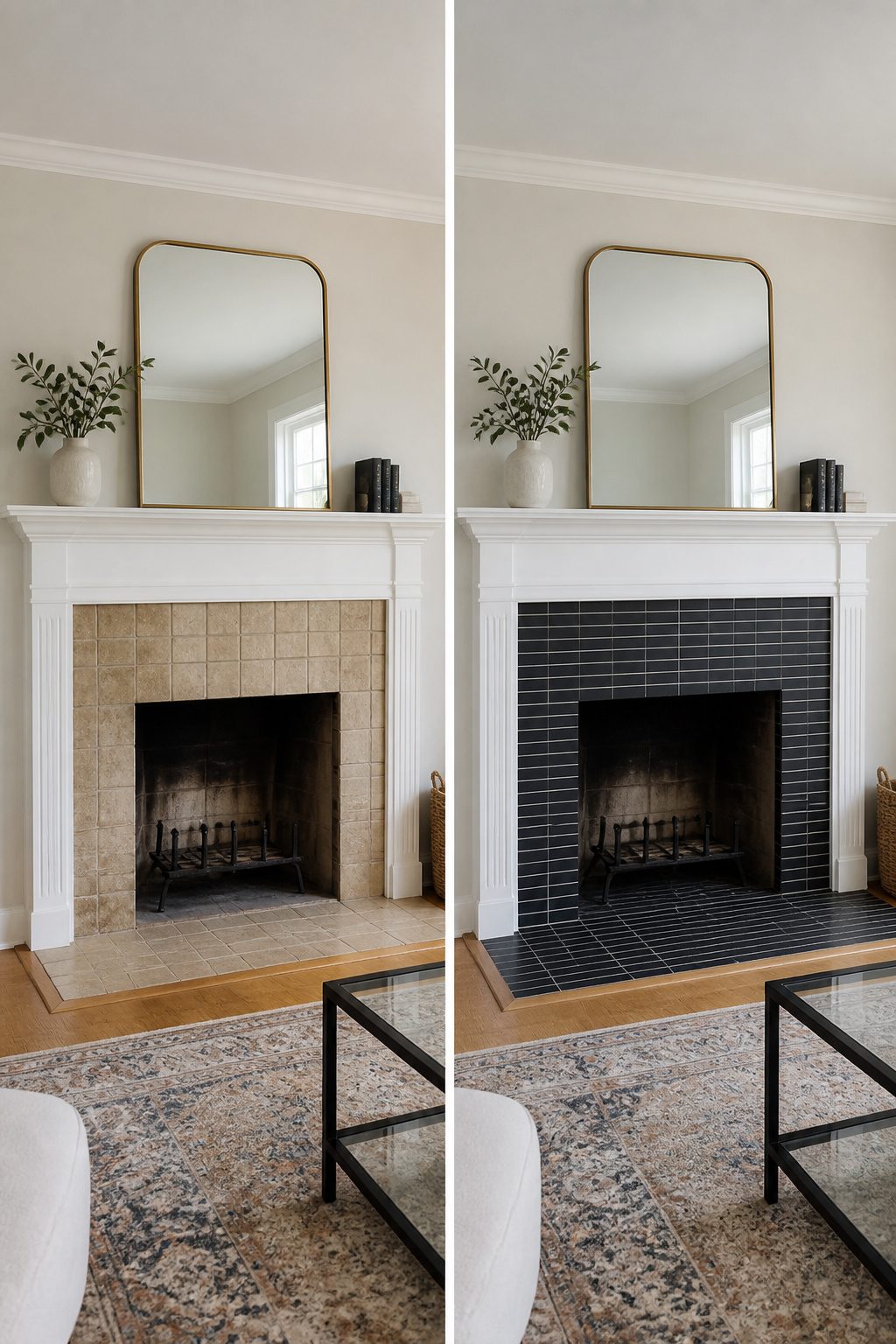 Color samples for fireplace tiles including Behr Laguna Blue and Tricorn Black.