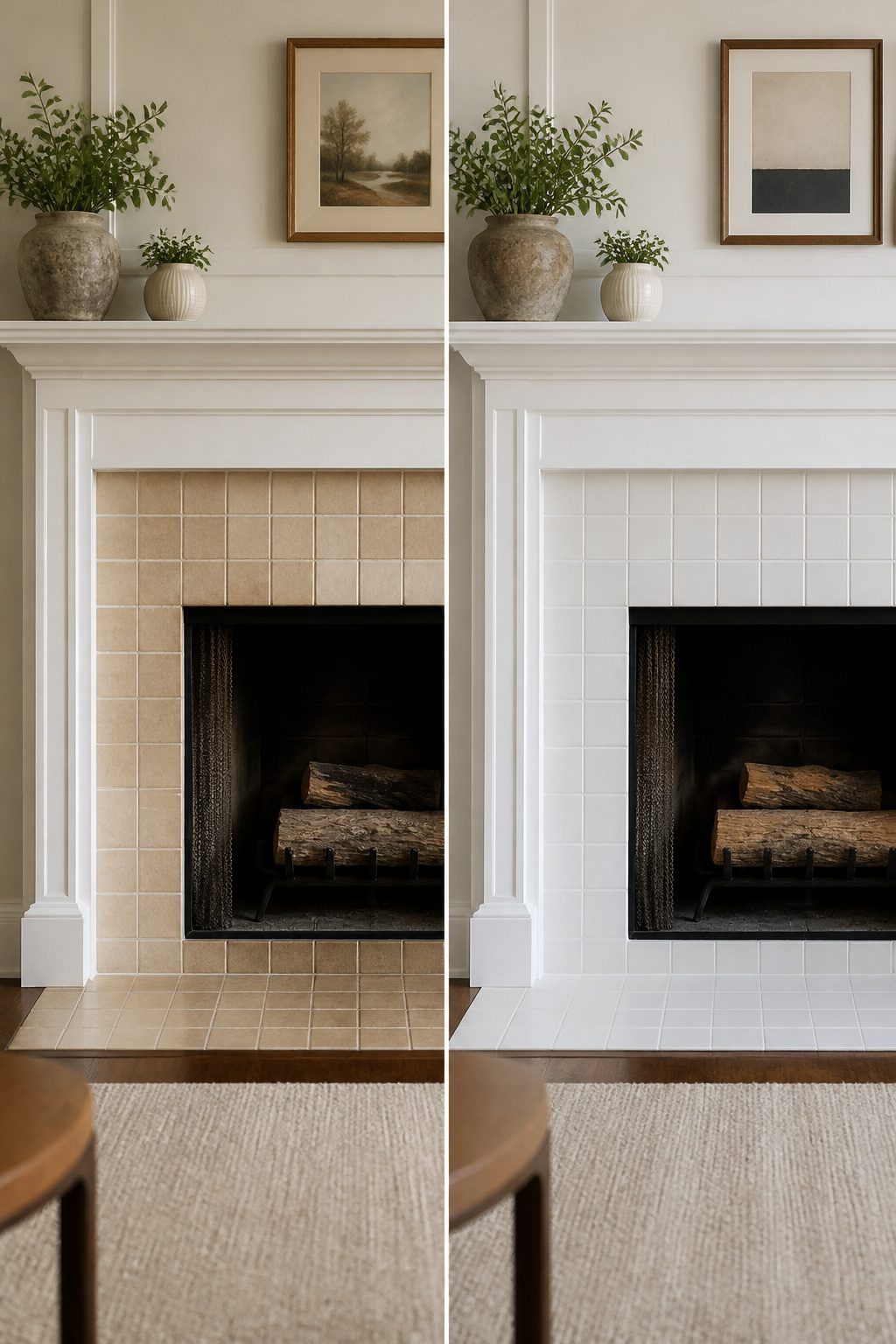 Chart comparing matte, eggshell, and glossy finishes for fireplace tiles.