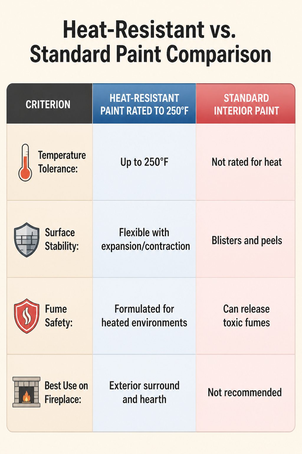 Comparison of heat-resistant paint and standard paint for fireplace use.