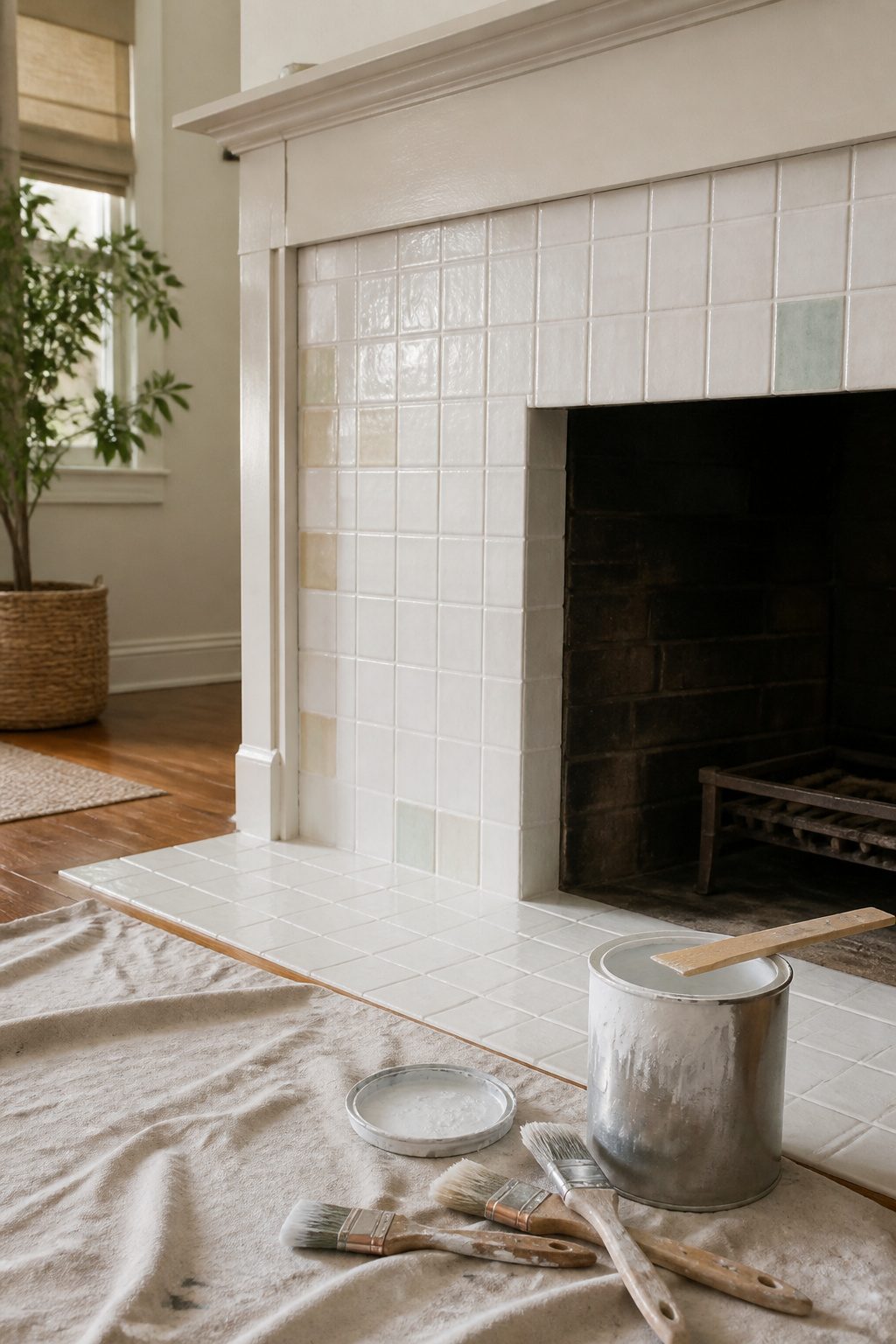 Freshly primed fireplace tiles with a smooth, matte white finish.