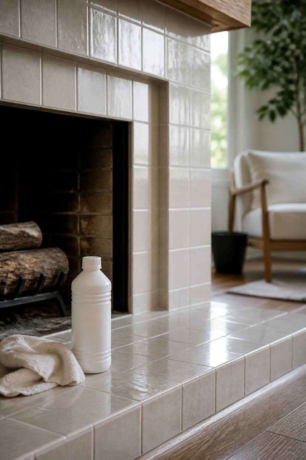 Clean fireplace tiles with a bottle of trisodium phosphate cleaner.
