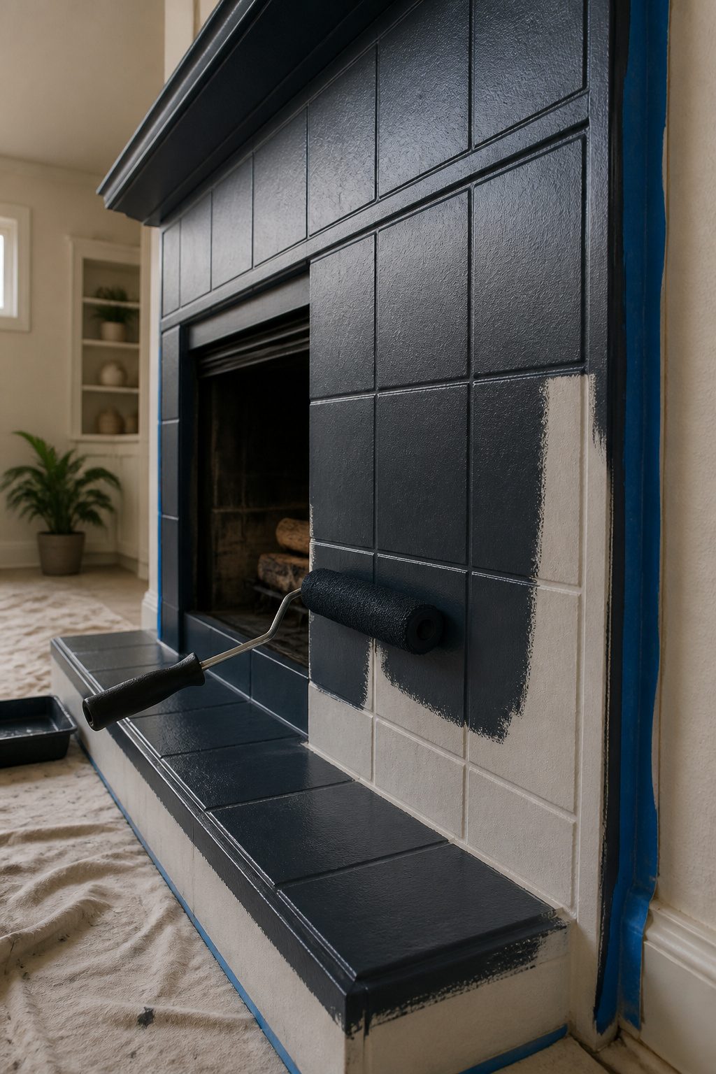 Can of heat-resistant paint next to freshly primed fireplace tiles.