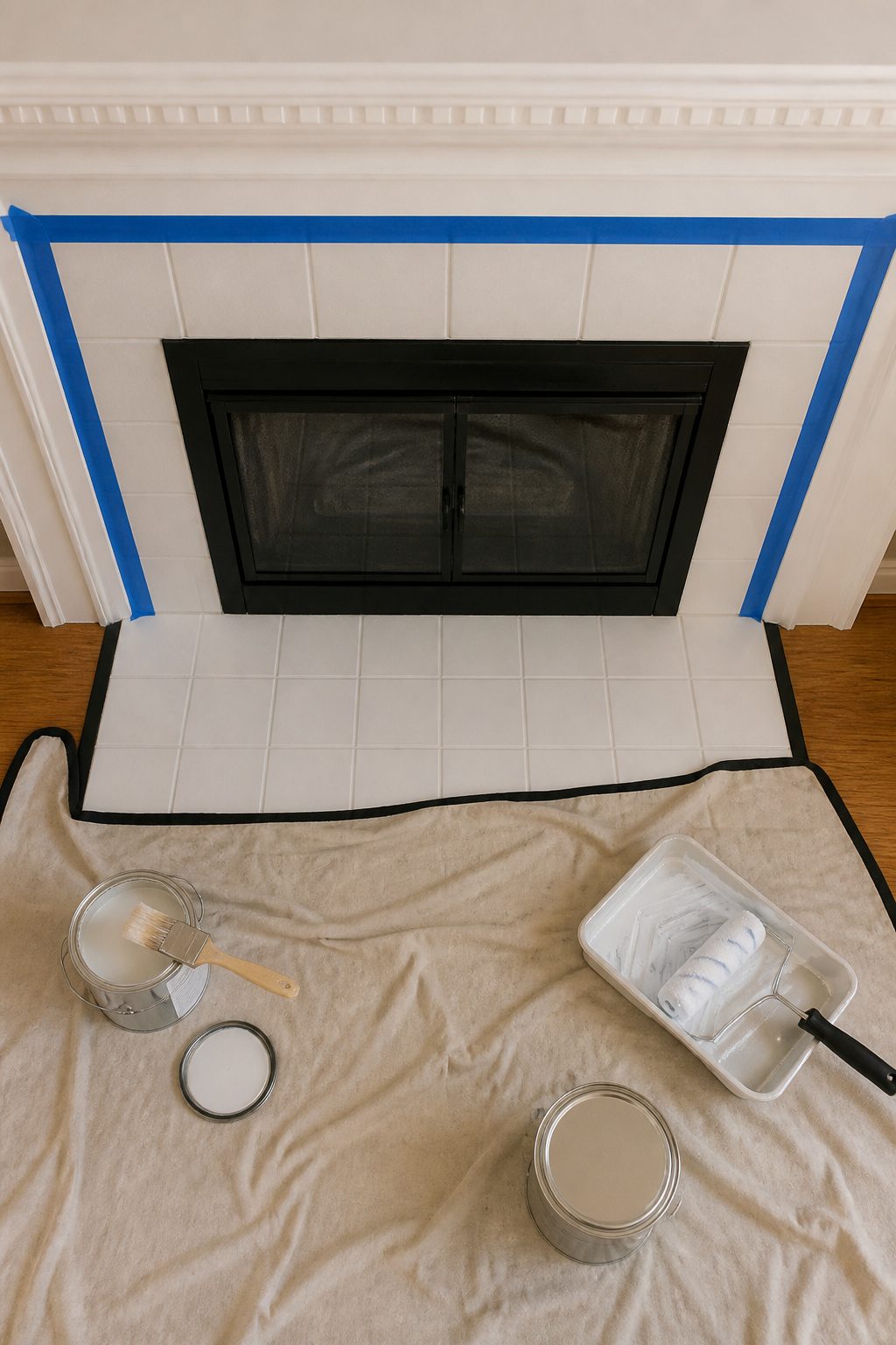Painter's tape and a drop cloth laid out for a painting project.