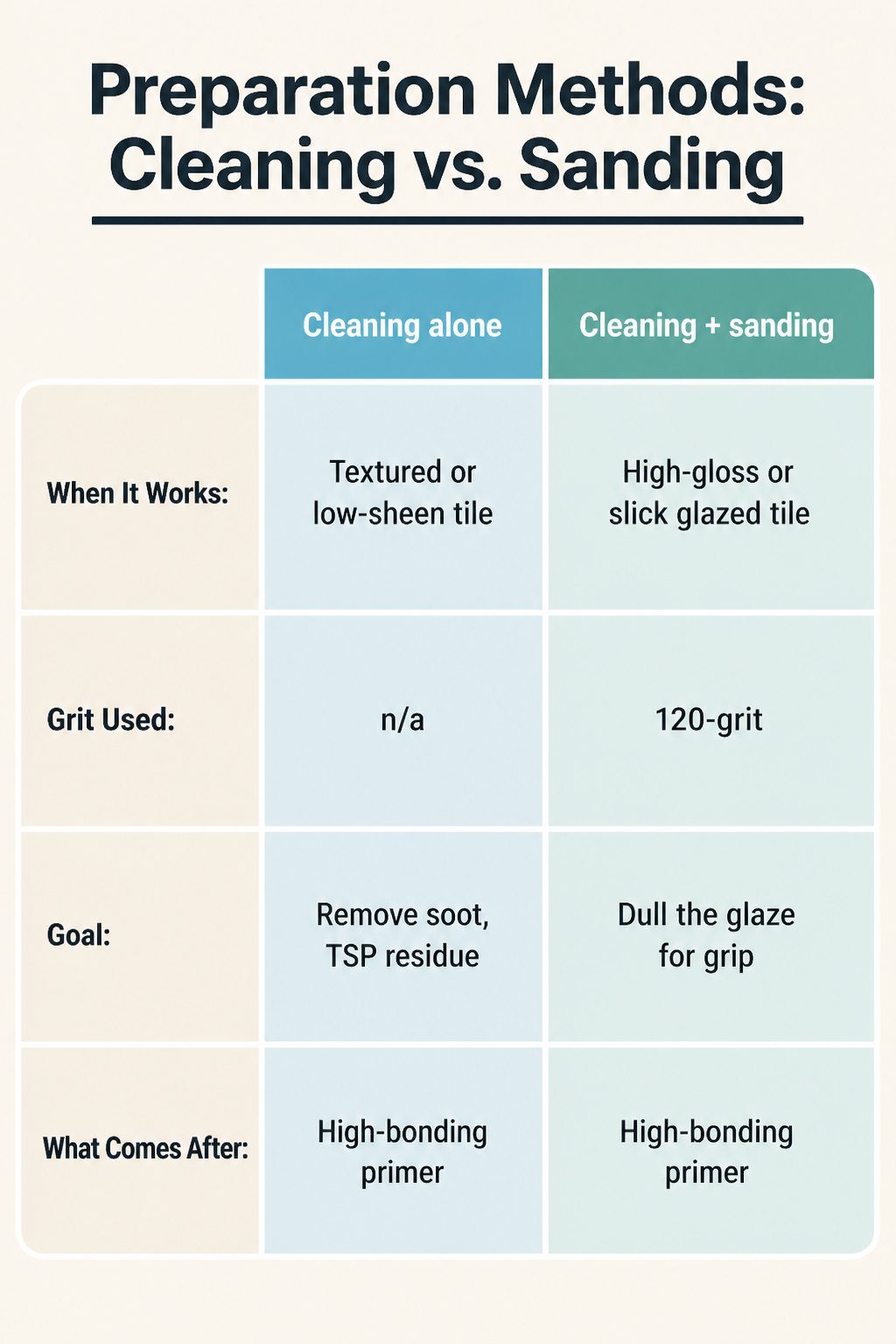 Chart comparing cleaning and sanding preparation methods for tiles.