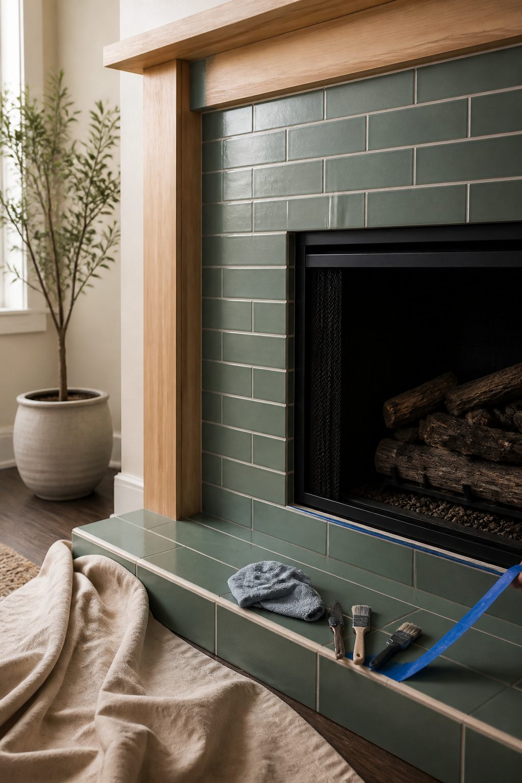 Freshly painted tiles with painter's tape being removed for clean edges.