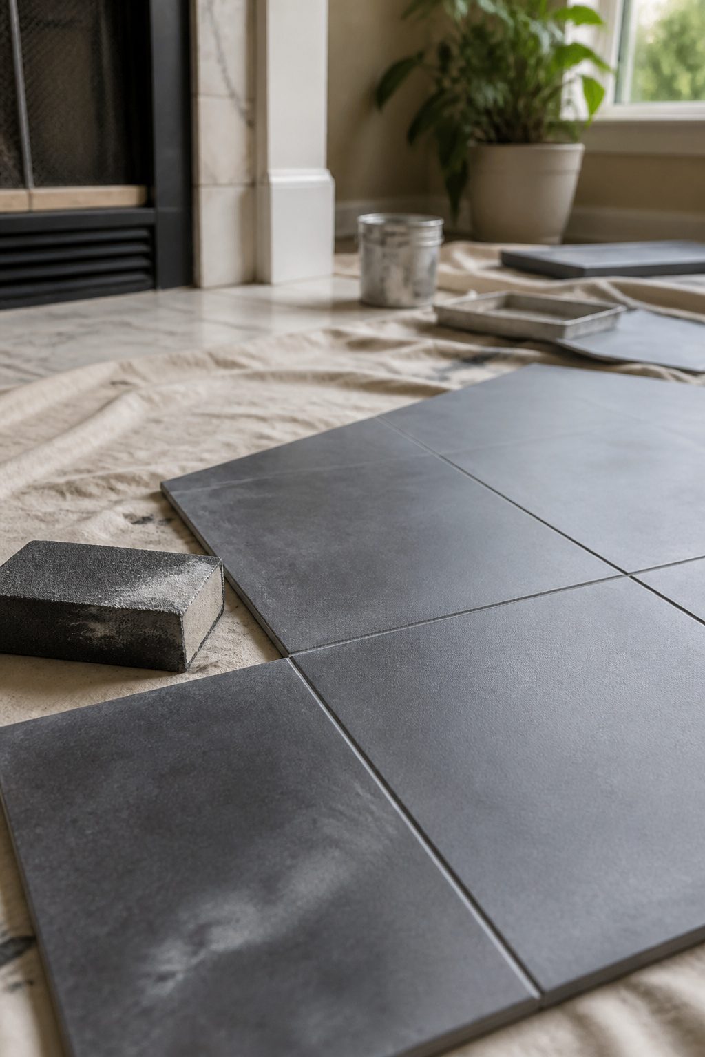 Sanded tile surface with a sanding block and sandpaper nearby.