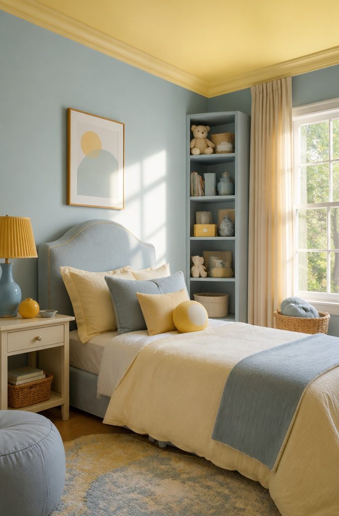 A child's room with pale yellow ceiling and dusty blue walls.