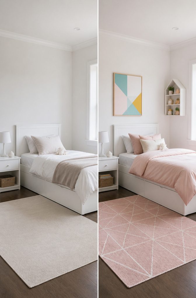 A white room featuring pastel accessories like a blush rug and wall art.