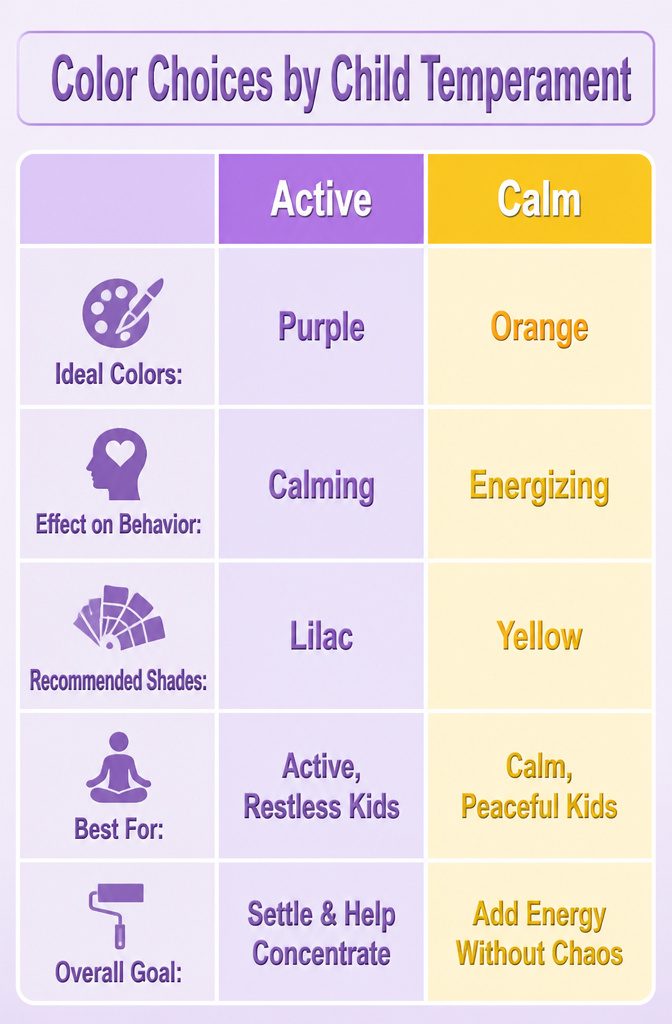 An infographic showing color choices for child temperament and their effects.