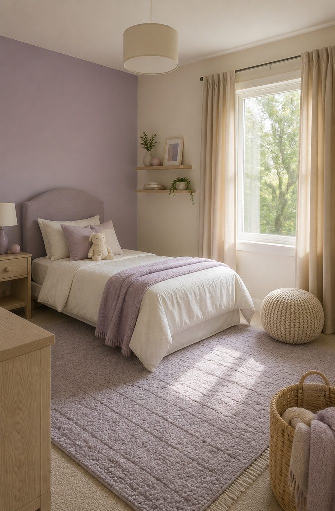 A child's bedroom with lavender walls and velvety vanilla curtains.