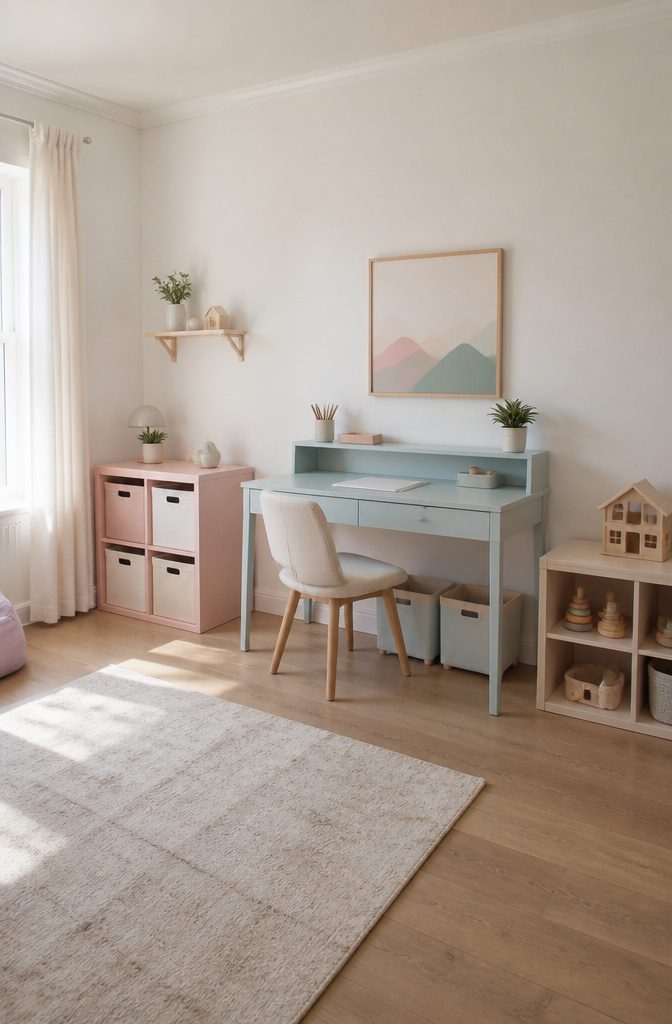 A soft mint desk paired with a pastel storage unit in a child's room.
