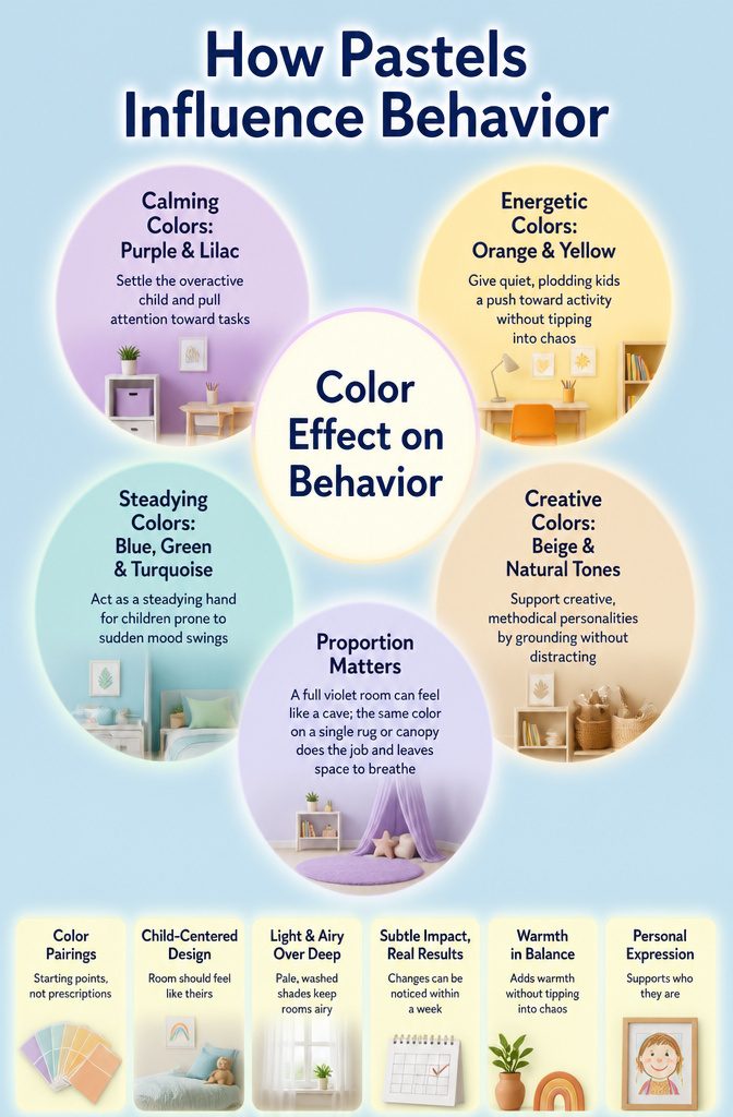 An infographic detailing how pastels influence children's behavior.