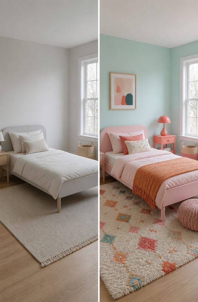 A hot coral lamp set against a pale aqua wall in a child's room.