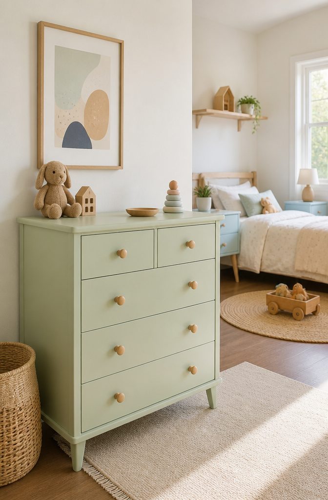 A mint green dresser in a child's room with white walls.