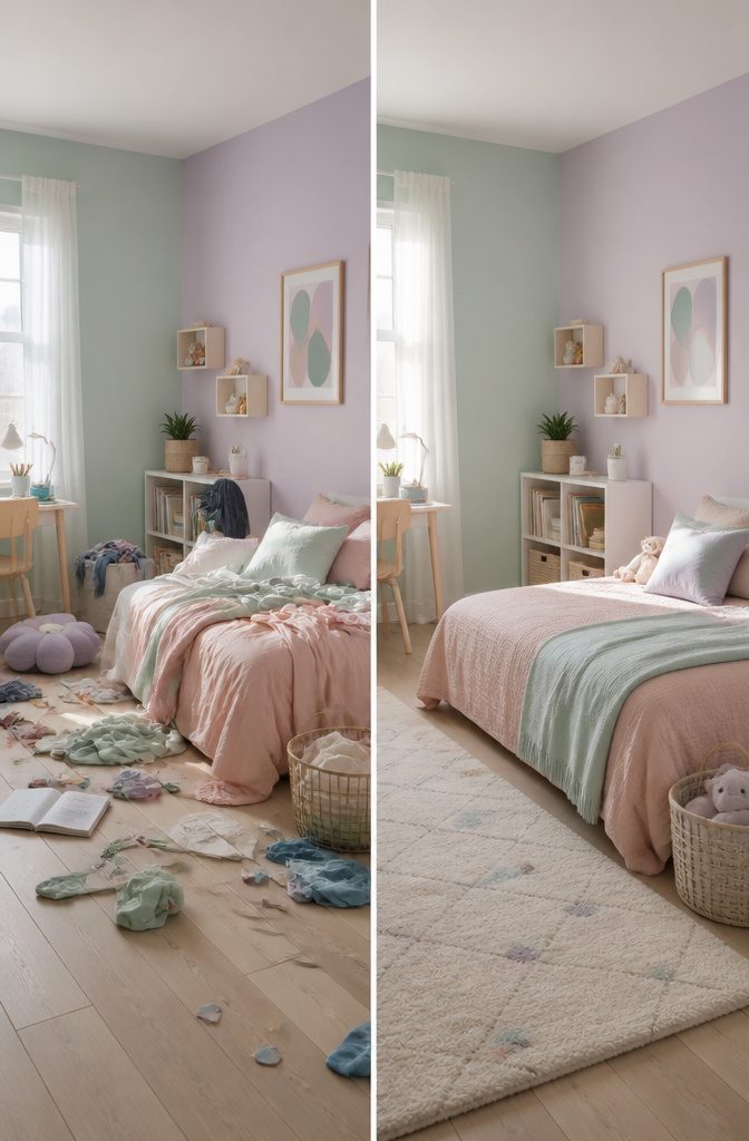 A child's room featuring pastel colors suitable for both boys and girls.