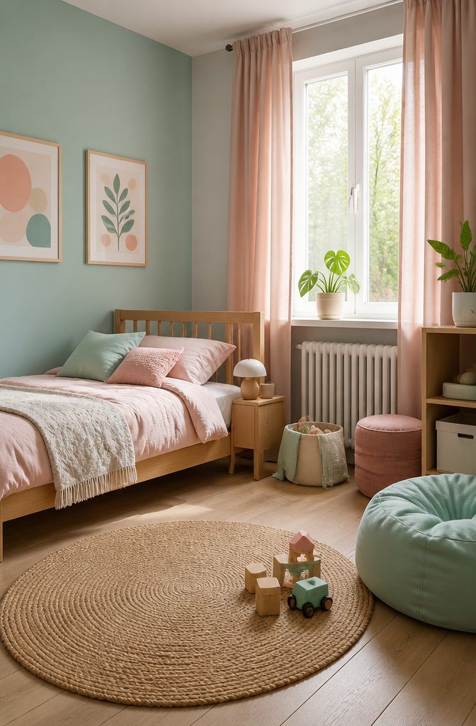 A child's bedroom featuring a mint green accent wall and blush pink decor.